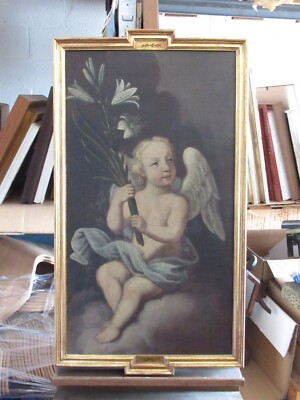 Antikes Gemälde Öl Auf Leinwand Putto Engel Mit Lilie Goldrahmen XIX Jh.