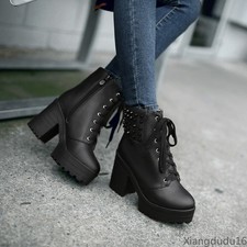 Women Studded Platform Block Heel Ankle Boots Lace Up Side zip Punk Combat Shoes
