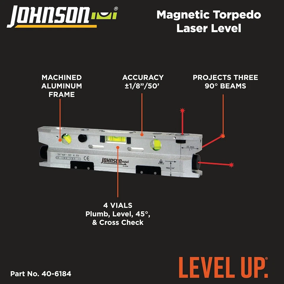 Johnson Level & Tool 40-6184 Magnetic Torpedo Laser Level, 1, Silver & Black  - Image 2 of 4
