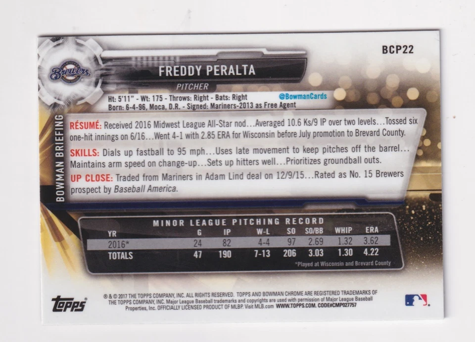 2017 Bowman Chrome Mini BCP22 FREDDY PERALTA RC Rookie 1ST BOWMAN QTY AVAILABLE - Image 2 of 4