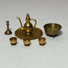 1:12 vintage Brass Miniature tea Cup Set for dollhouse w/ Tray & Brazier 7 Piece