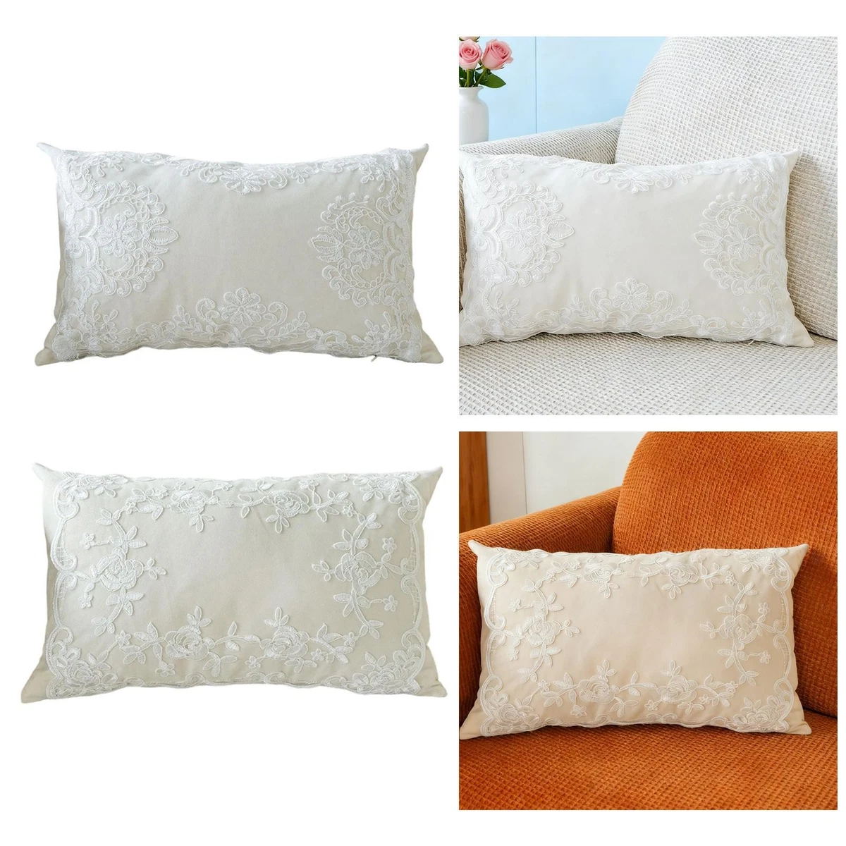 BrekSdat Set di 2 federe per cuscini, 45 x 45 cm, in pizzo bianco, morbide, decorazione per casa colonica e soggiorno, con squisito ricamo, per casa, letto, divano