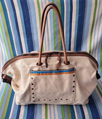 Zara Cotton Canvas & Leather Shoulder Tote Bag With Rivets BIN28