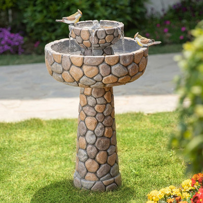 2-Tier Stone like Outdoor Water Fountain with Birds, Bird Bath Outdoor Waterfall