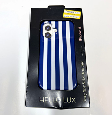 Hello Lux iPhone 16 Case Glossy Navy Stripe MagSafe Dual Layer Drop Protection