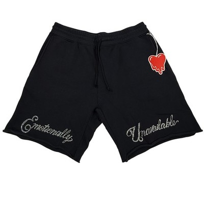 Emotionally Unavailable Black Rhinestone Script Sweat Shorts XL EU-SS23-SS3-BLK4
