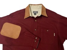 Woolrich Burgundy Wool Shirt Jacket Mens Size L Leather Elbow Patches Collar USA
