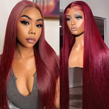 Hoscod Burgundy Human Hair 13x6 Straight HD Lace Front Wig Pre-Plucked 200 Dens