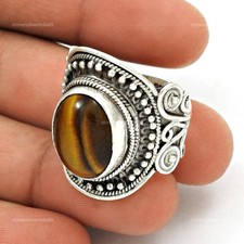 925 Sterling Silver Oval Tiger's Eye Gemstone New Cocktail Birthday Ring Jewelry