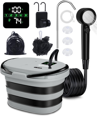 Verbesserte 2 in1 tragbare Dusche mit 20L faltbarem Eimer, Ipx8, LED-Display, R