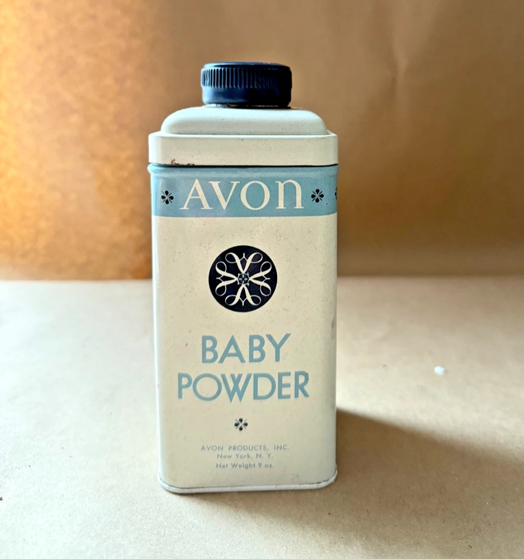 Vintage Avon Baby Powder White Blue Tin Talc Talcum Body 9 Oz - partially full
