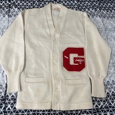 True Vintage 50s 60s Variety Letterman Knitted Cardigan Adult Size 34 Cream Wool