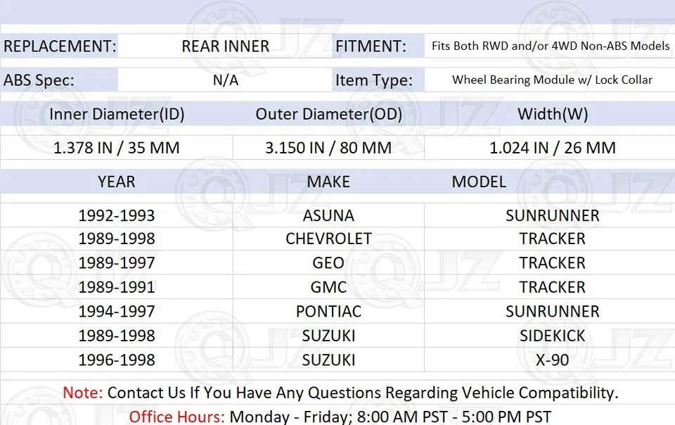 [INTERNO TRASEIRO (Quantidade.2)] Unidade de rolamento de cubo de roda 511004 para 1989-1998 Suzuki Sidekick - Imagem 2 de 4