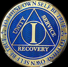 1 Year AA Medallion Blue Gold Plated Alcoholics Anonymous Sobriety Chip Coin One