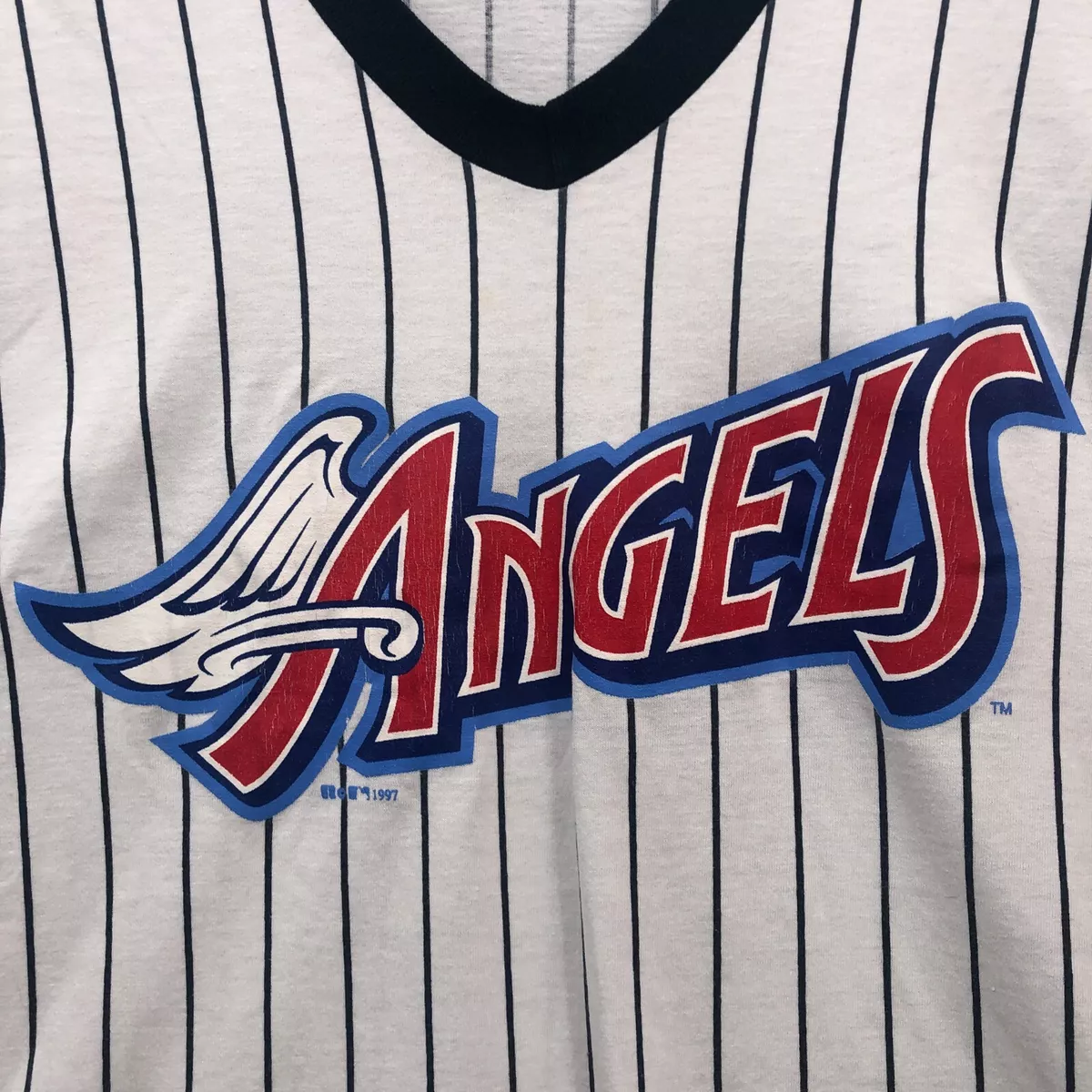 VINTAGE Anaheim Angels Shirt Mens XXL White Russell Disney Wings Pinstripe  90s