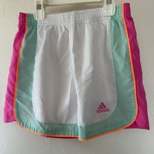 Adidas girl  s athletic shorts - white with multi color stripes - M 10/12 GUC
