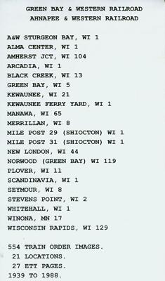 GREEN BAY & WESTERN RAILROAD TRAIN ORDERS (554) + 2 ETT'S 1939 TO 1988 CD!!