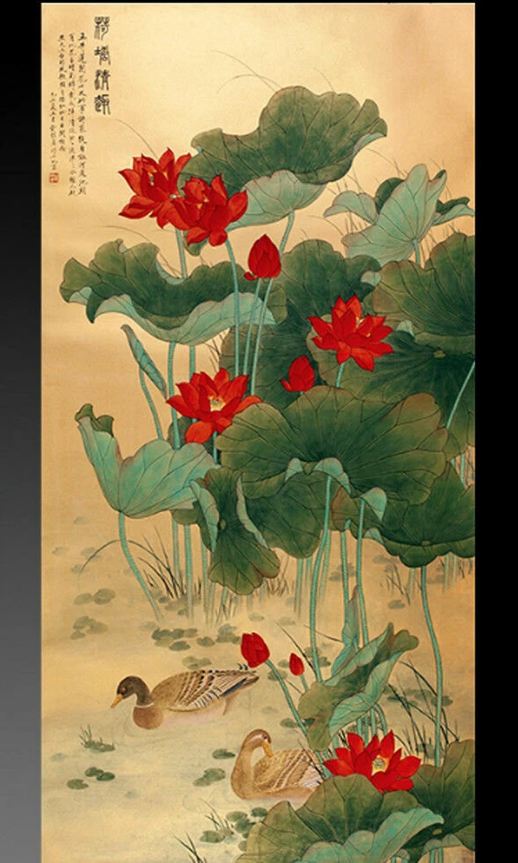 Chinese Silk Scroll Painting Mandarin Ducks Red Lotus Home Decoration(鸳鸯红荷) - Image 2 of 2