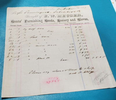 Antique Ephemera Letterhead Billhead F.W Heuser Gents Furnishings  Hosiery 1881