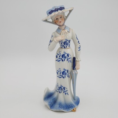 Vintage KPM Ceramic Figurine Woman Blue White Gold Dress Hat