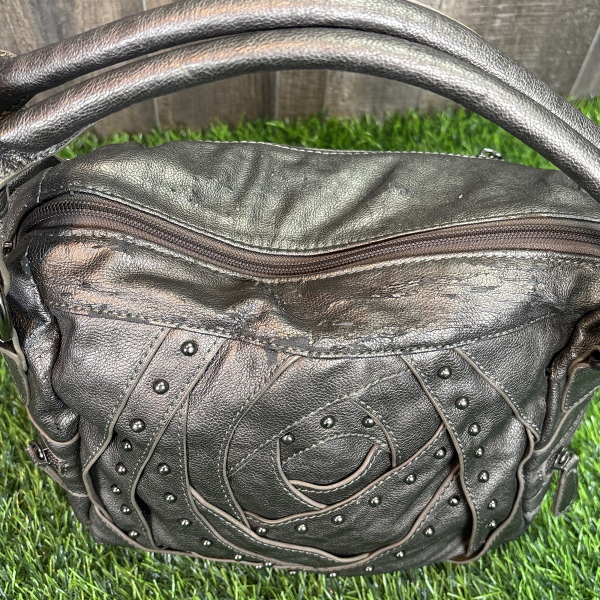 Vintage Y2K Metallic Brown Gray Studded Top Handle Shoulder Bag