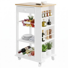 White Bamboo Kitchen Trolley Cart Storage Island On Wheels Wine Rack Drawer Wood