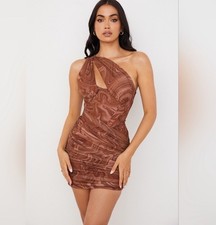 House Of CB Clementine Cutout Ruched Mini Dress Swirl Print Brown XS