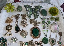 Antique Vintage Beautiful Green Jewelry Collection Sterling Czech Enamel 