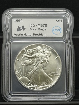 #ad 1990 American Silver Eagle MS70 ICG Austin Hutto Signed $599.00