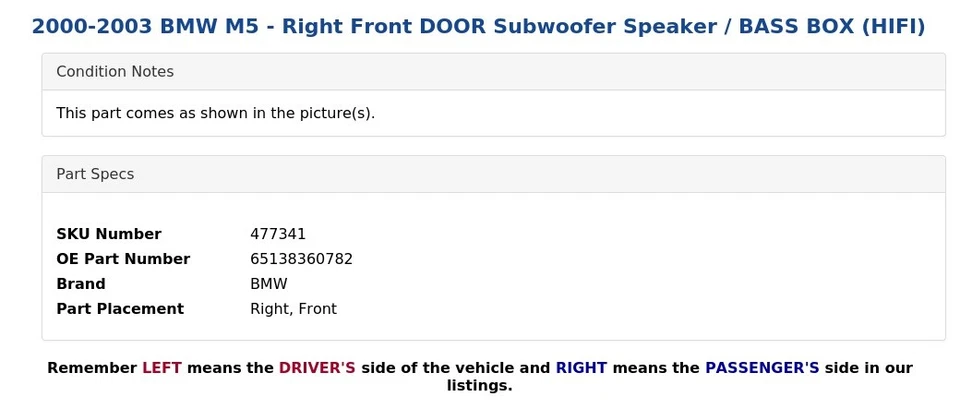 2000-2003 BMW M5 - Right Front DOOR Subwoofer Speaker / BASS BOX (HIFI) - Image 4 of 4