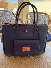 PRADA Navy Blue Satchel Double Handles Gold Hardware Lock Accent Women