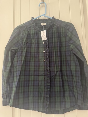 J Crew Factory NWT Size S Beautiful Ruffled Cotton Poplin Black Watch Plaid To