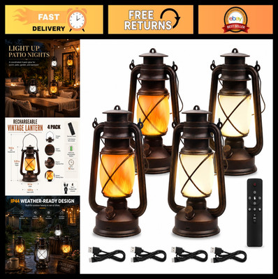 4 Pack Rechargeable LED Lanterns - USB Vintage Bronze Camping Lights, Flickering