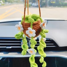 Potted Plants Crochet Rear View Mirror Accessories, Hand Crocheted Glue White