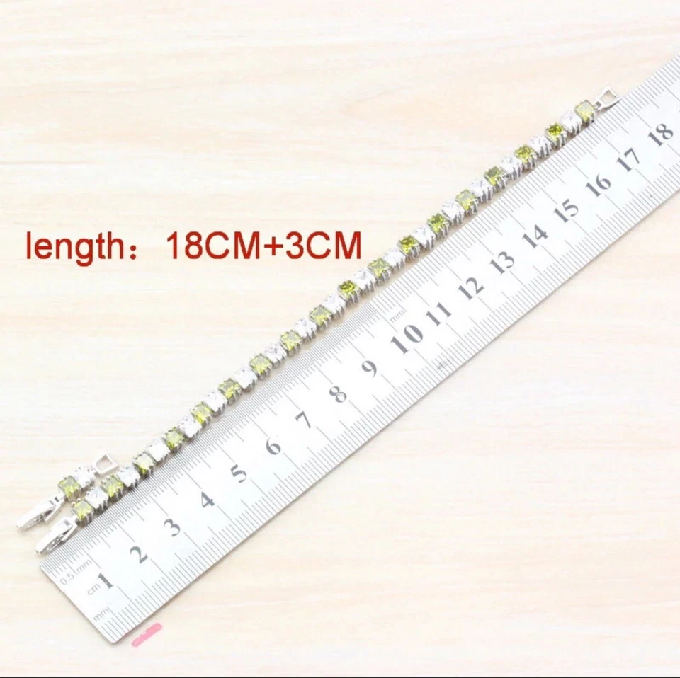 Peridot  White Topaz Tennis  Gemstone Sterling Silver 925 Chain Bracelet  - Image 2 of 4