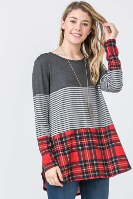 Eloges Women's Charcoal & Red Plaid Color Block Long Sleeve Tunic
