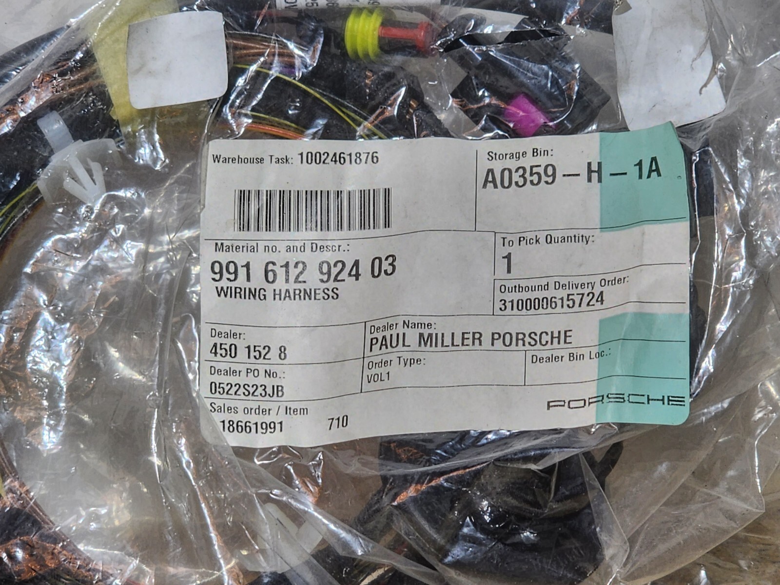 2017 Porsche 911 Front Bumper Wire Harness 99161292403 Genuine OEM  