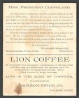 LION COFFEE 1886 Trade Card MRS. PRESIDENT CLEVELAND Woolson Spice Co. — photo 2