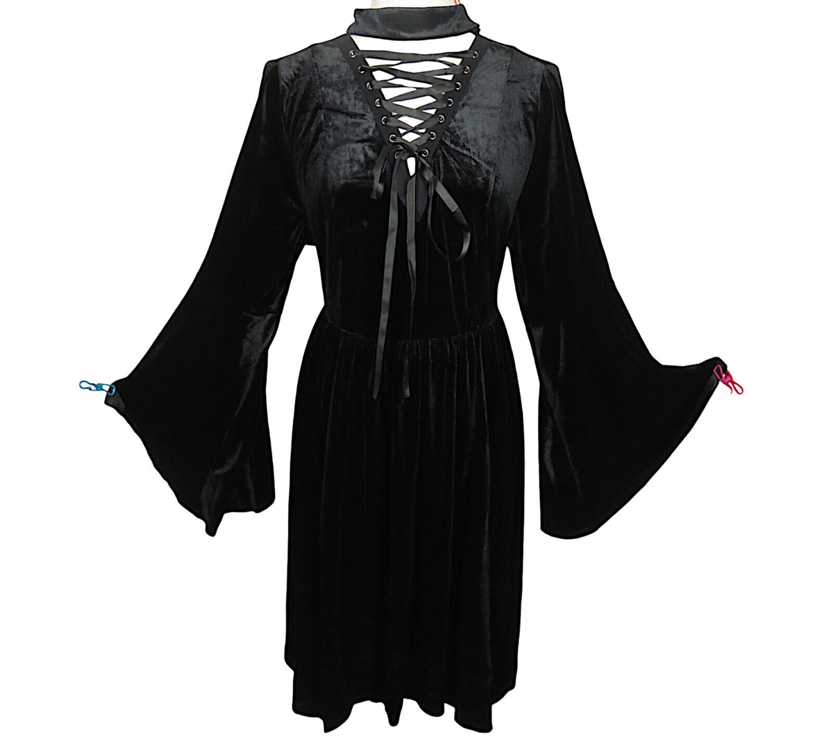Torrid Black Stretch Velvet Flare Sleeve Lace Up Witchy Goth Midi 