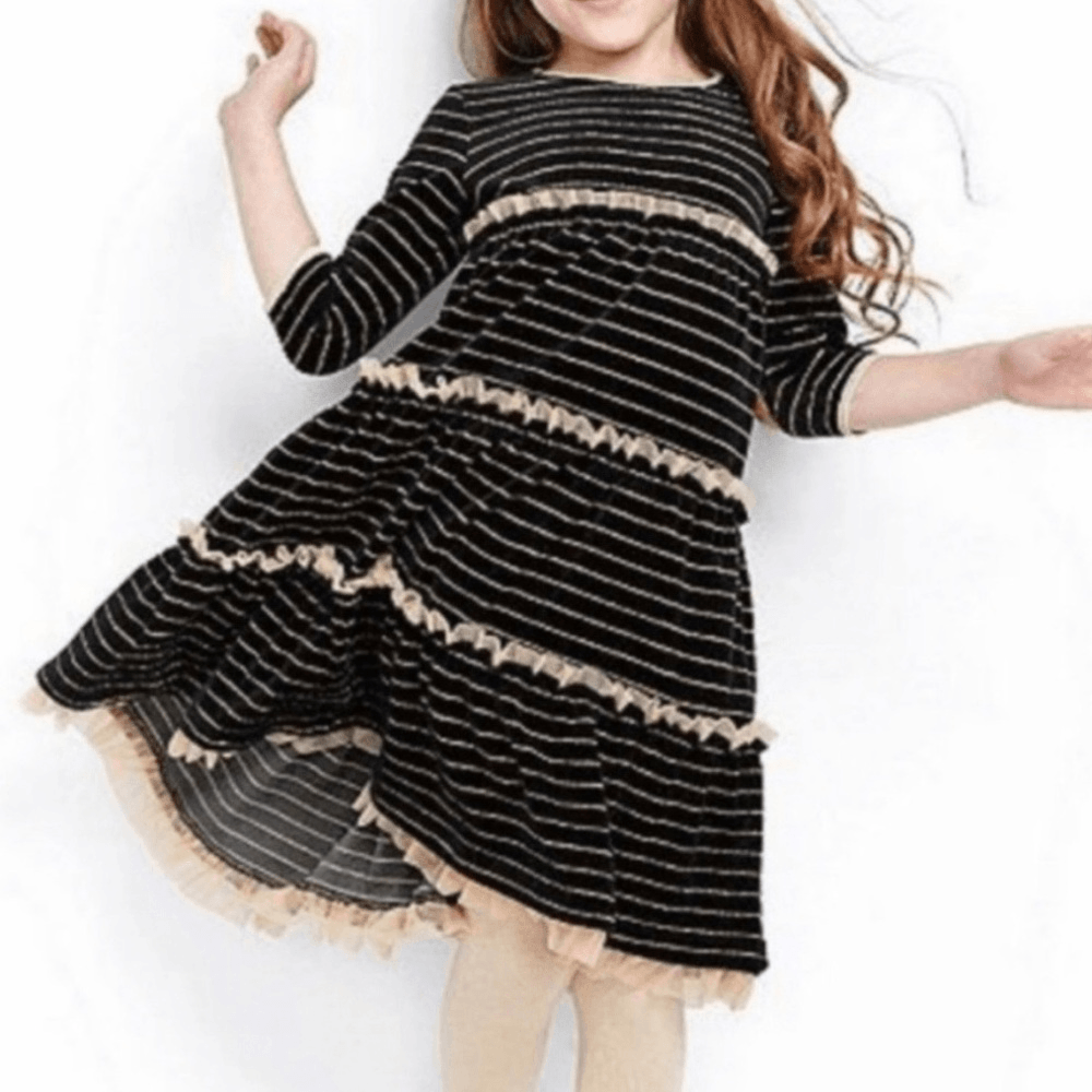hanna andersson holiday dresses Striped Lurex black Velour velvet ruffle Dress 140 US 10 Combed cotton sweater yarns