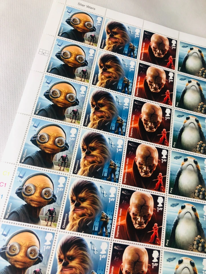 Sellos 1ª Clase Star Wars Chewbacca Maz Kanata Porg Snoke X24 Nuevo De Colección ra Foto 4 de 4