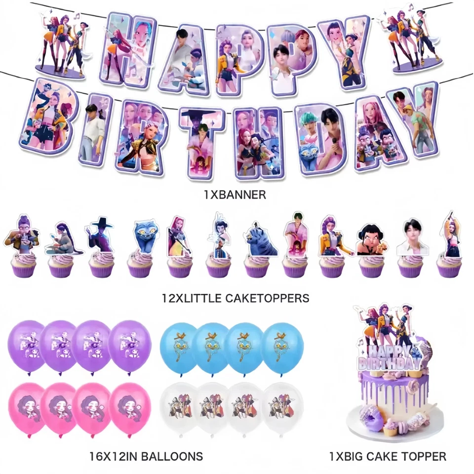 K Pop Demon Hunter Birthday Party Set Full Set Balloons Cup Cake Cards Banner ++ - Image 2 of 4