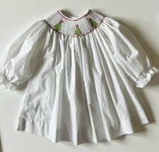 Vintage Southern Tots Girls Hand Smocked White Dress Christmas Tree Motif Size 5