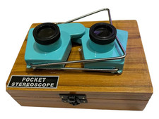 Folding Pocket Stereoscope: 2x Aluminum Viewer with Wooden Box