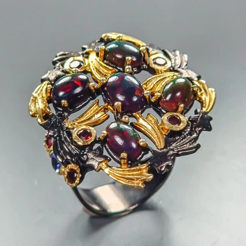 Fine Art Natural Black Opal Ring 925 Sterling Silver Size 7 /R463419