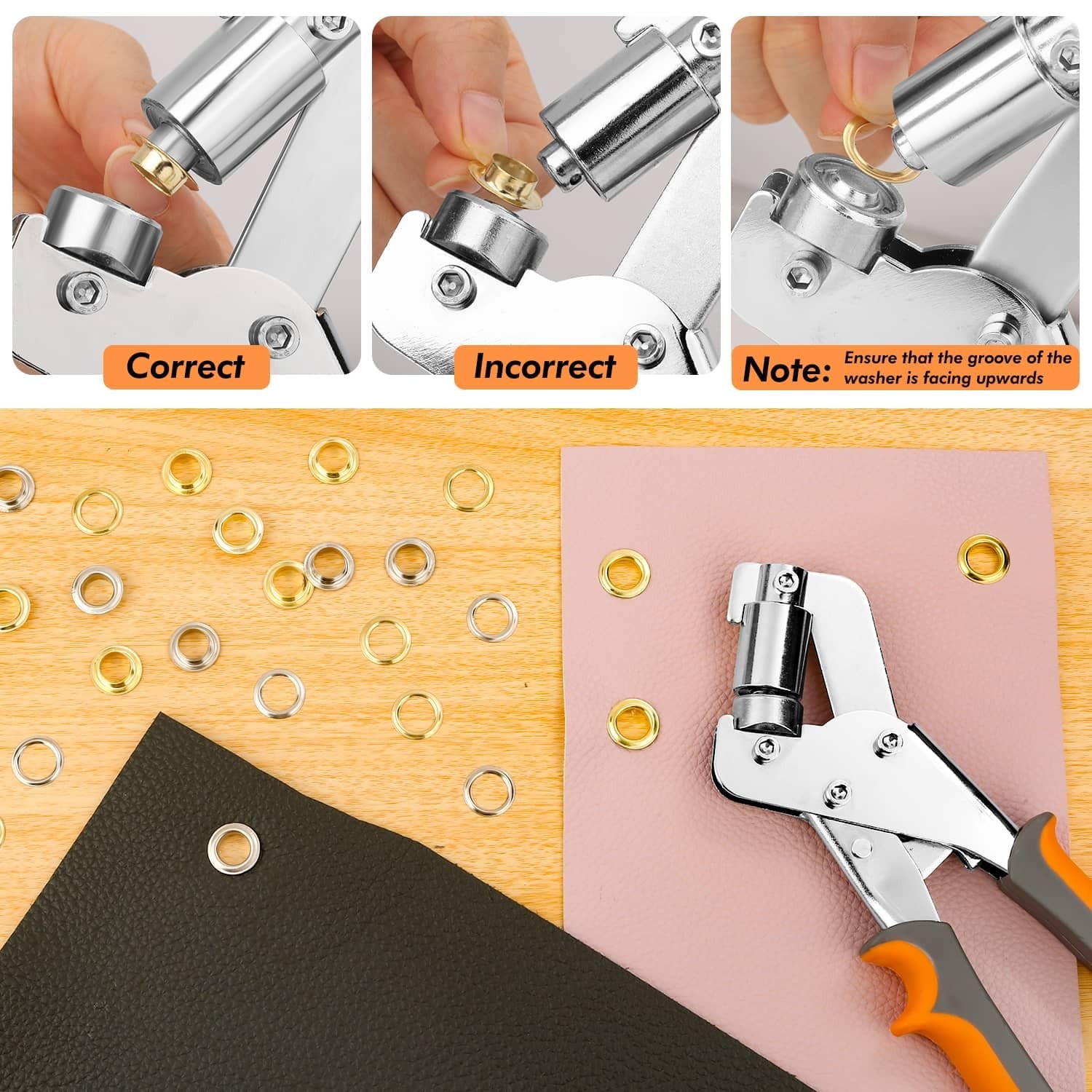 Grommet Tool Kit with Bag Handheld Hole Punch Pliers Hammer 200PCS 3/8 inch Gold