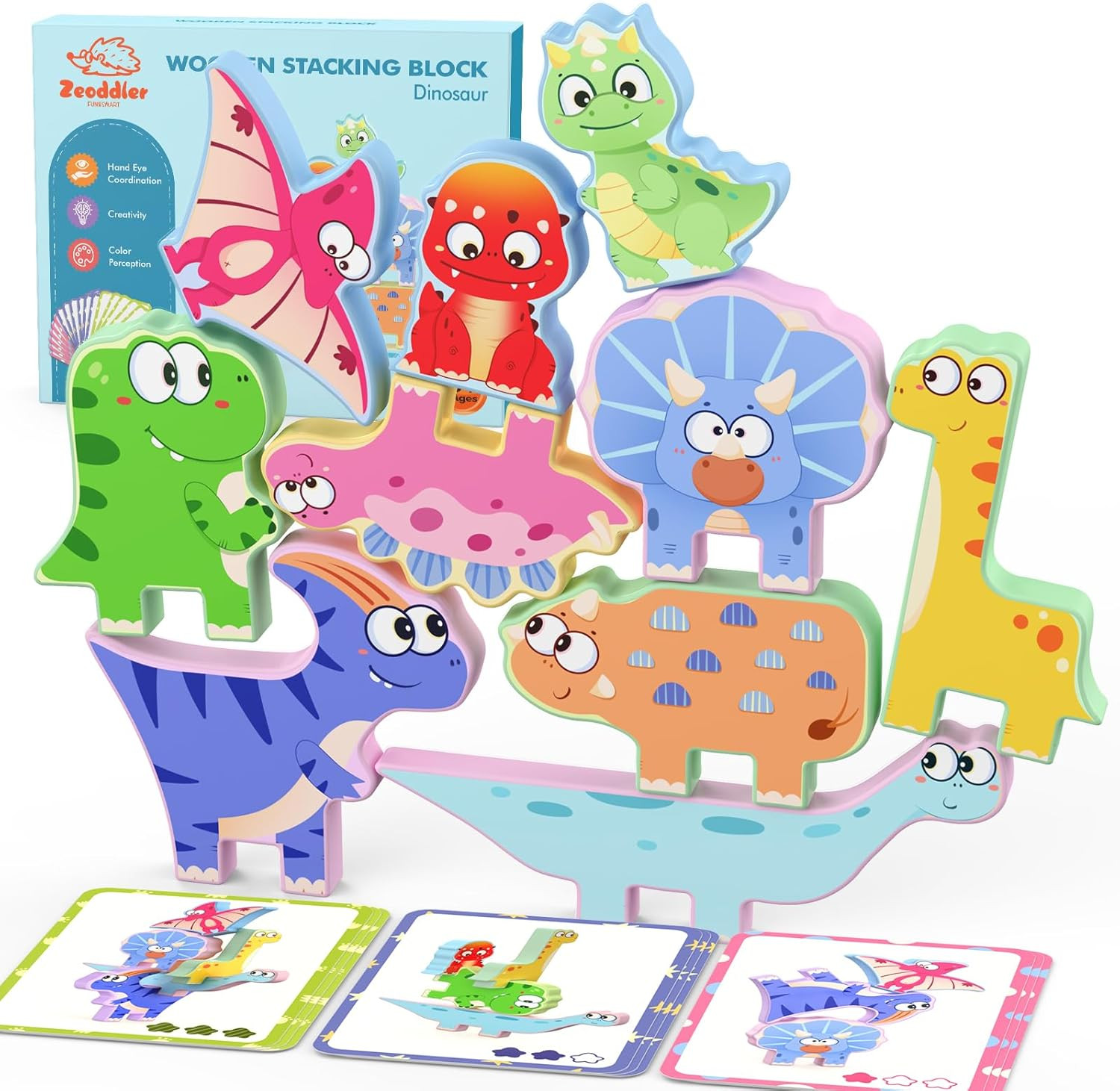 For Toddlers, 10 Pack Wooden Dinosaur Stacking Blocks, Sorti
