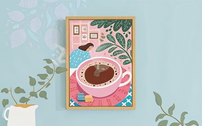 Kaffee in Capri botanische Fliesen Küche Teetasse Gänseblümchen rosa Cafe süß Retro Grafik