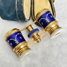 Antique France La Reine Enamel Mother Of Pearl Opera Glasses in Original Case