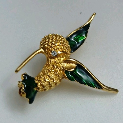 Green Enamel & Goldtone Hummingbird Pin/Tack for Lapel or Hat Rhinestone Eye - Picture 2 of 7